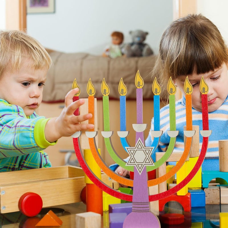Layhit Hanukkah Menorah Candle Holder Chanukah Wooden Menorah Decorations with Removable Candles for Kids Jewish Holiday Table Centerpiece Party Favors(Colorful) - Image 3